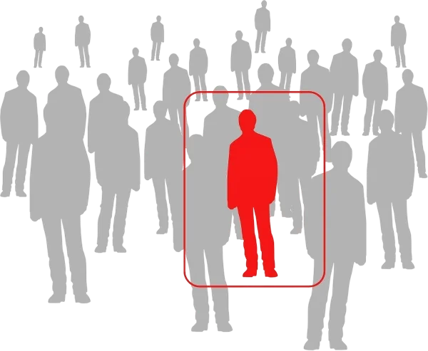 Eine Menschenmenge in Grau, eine Person in Rot hervorgehoben